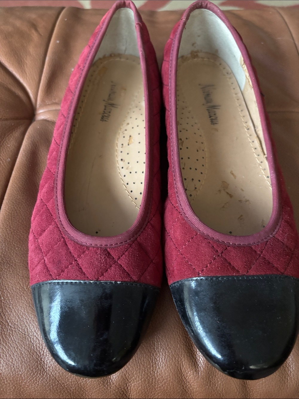 Burgundy Quilted Ballet Flats with Black Patent Cap Toe and heel strip.